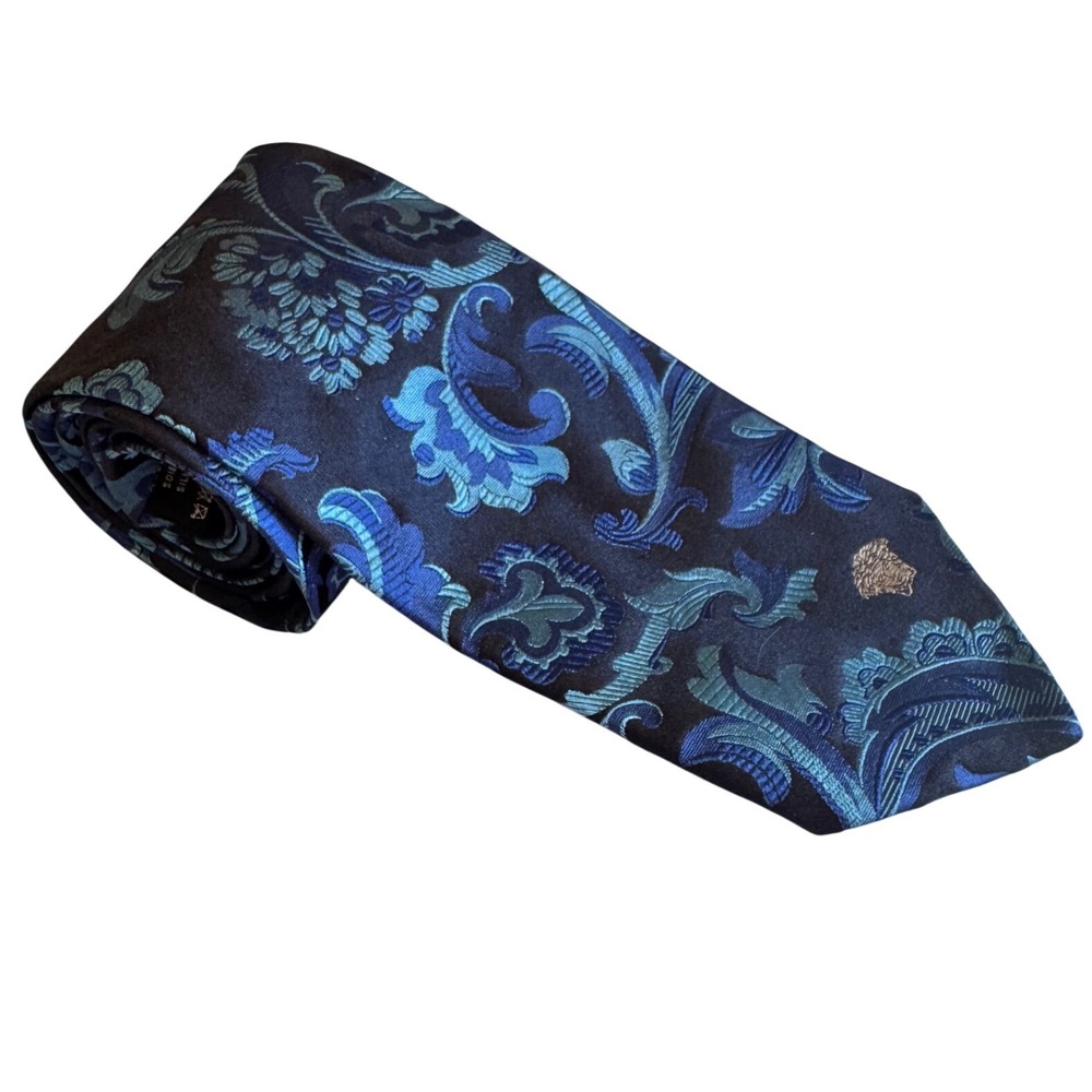 Versace Men Silk Vintage Medusa Head Jacquard Paisley Necktie Blue